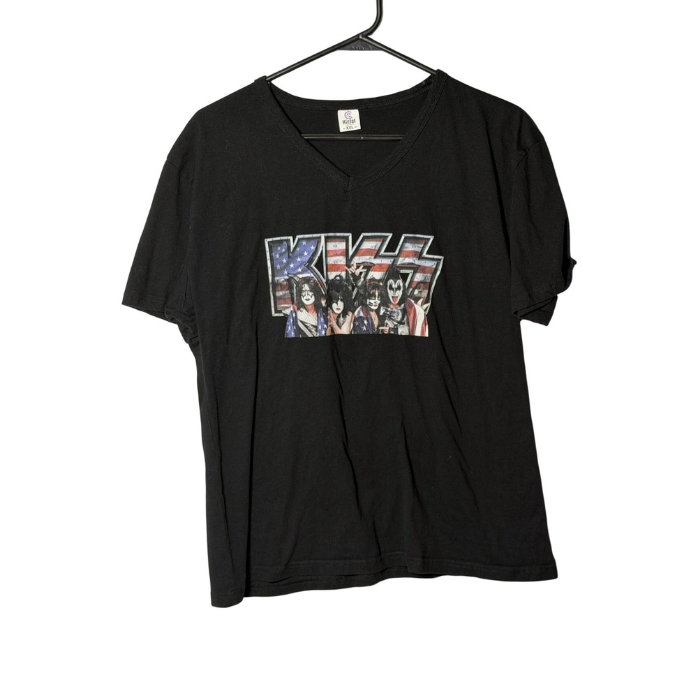 KISS Band Graphic Tee Black V-Neck American Flag Logo Shirt XXL Rock Concert